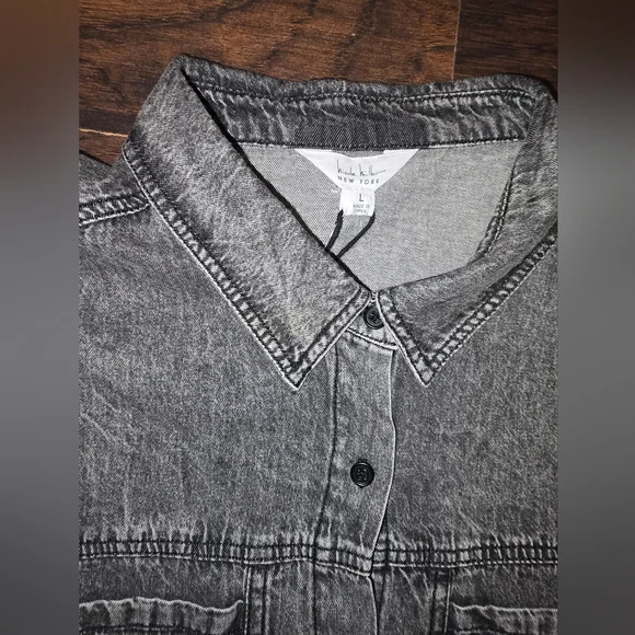 Nicole Miller New York-Black Denim Oversized Crop Button Up Size Large - Picture 4 of 6